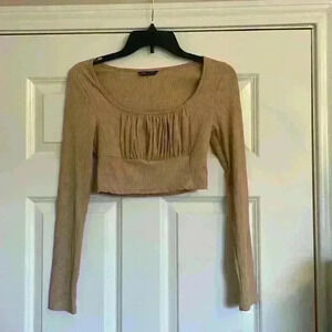 SHEIN Women Tan Ribbed Ruched Bust Long Sleeve Crop Top Size M Scoop Neck